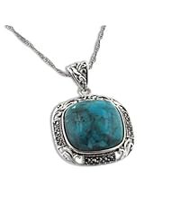 Art Deco Squared Natural Turquoise and Marcasite Sterling Silver Pendant 18" Necklace