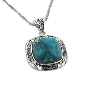 Art Deco Squared Natural Turquoise and Marcasite Sterling Silver Pendant 18... by
