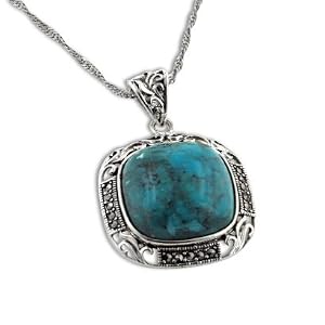 Click here to buy Art Deco Squared Natural Turquoise and Marcasite Sterling Silver Pendant 18 Necklace by Silver Insanity.