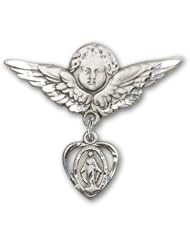 Sterling Silver Baby Badge with Miraculous Charm and Angel w/Wings Badge Pin