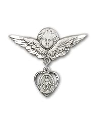 Sterling Silver Baby Badge with Miraculous Charm and Angel with Wings Badge Pin
