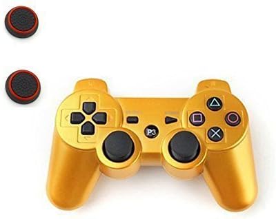 Wireless Bluetooth Dualshock Game Controller for Sony Playstation 3 Ps3, Free 2pcs Thumb Grips (Gold, 1 Pack)