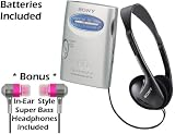 Sony Walkman Compact Portable Lightweight AM/FM Stereo Radio (Black) with Convenient Belt Clip & Over Head Stereo Headphones - Batteries Included + Bonus DB Tech Secure-Fit Super Bass Metallic Earbud Earphones (Pink)