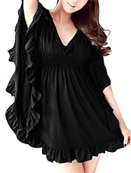 V-neck Rayon/Spandex Stretchy Lace Shirred Elasticized   Waistline Mini Dress 