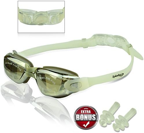 Splashez Waterproof Adult Swimming Goggles for Men and Women - 100% UV Protection, Anti-shatter, Anti-fog, Mirror Coated Lenses! Easily Adjustable, Environment Friendly Strap with Plastic Buckle for Easy Removal! + Free Ear Plug - White strap Silver Lens