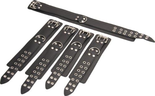 5 Pcs LEATHER Set ! : Collar, Wrist + Ankle Cuffs . Black D-ring Restraint Unisex Bondage by "Skeleton KeyTM" , Made in US