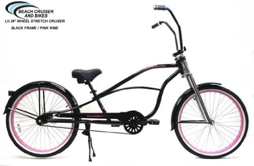 Lu 26" Single-speed Stretch Cruiser with Ape Hanger Handlebar - Black w Pink Rims
