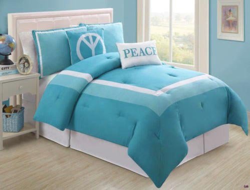 Fancy Collection 4 Pc Modern Blue and White Teen/girl/boy Comforter Set Peace, Twin Size Bedding, Bed in a Bag