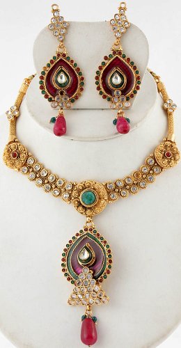 Meenakari Polki Necklace Set with Faux Ruby and Emerald - Copper Alloy with Cut Glass