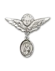 Sterling Silver Baby Badge with St. Alice Charm and Angel with Wings Badge Pin