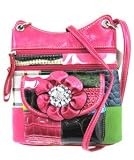 Cute! Patchwork Rhinestone Flower Hipster Cross Body Bag Purse Hot Pink