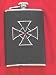 Stainless Steel Flask Black Leather with Center Crystal jeweled Pewter Iron Cross Design