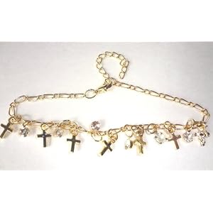 Religious Gift of Bling Rhinestone Cross Anklet in Gold Adjustable