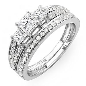 CERTIFIED 14k White Gold Brilliant Princess Cut 3 Stone Diamond Ladies Engagement Bridal Ring