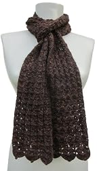 Handmade Pure Alpaca Natural Fiber Winter Small Scarf - Crocheting Masterpiece in Brown and Black Thin Yarn (100% Crocheted By Hand)