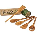 Viable Creations Handcrafted Bamboo Wooden Spoons with Cotton Muslin Bag - Set of 5
