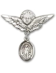 Sterling Silver Baby Badge with St. Barnabas Charm and Angel with Wings Badge Pin