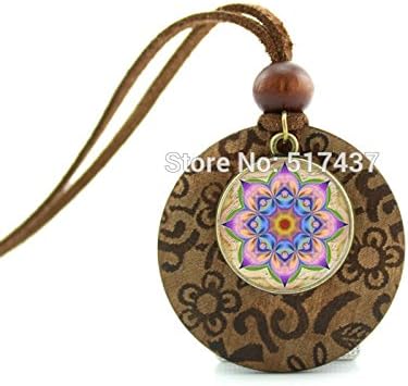 Pretty Lee New Design Glass Cabochon Dome Jewelry Abstract Mandala Pendant Moroccan Necklace Wood Necklace