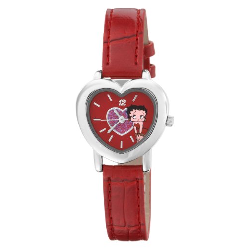 Armitron Women's 9100026 Character Silver-Tone Heart Shaped Betty Boop Analog Red Leather Strap Watch