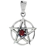Sterling Silver Pentagram Pendant w/ Single Red CZ, w/ 18" Thin Box Chain