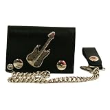 Black Leather Tri-fold Men's Wallet W/ Silver Guitar & Chain