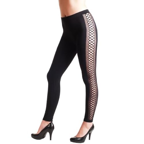 Open Weave Side Panel Hole Shredded Leggings - Black - One Size at Amazon Womenâs Clothing store 