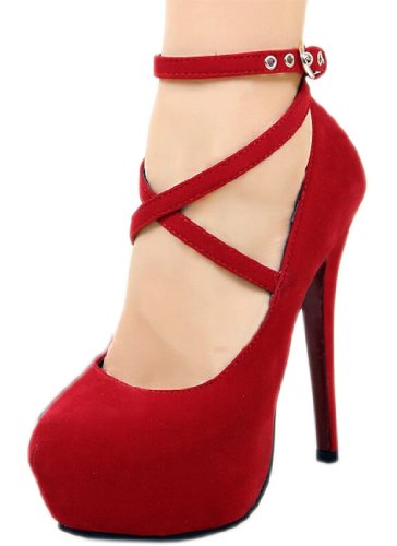 Womens Platform Pumps Sexy Fashion Strappy Buckle Stiletto High Heels Shoes (Red, US 8.5 / EU39)