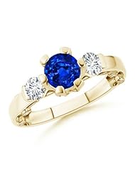 Three Stone Diamond and Round Blue Sapphire Engagement Ring- 1 ct TGW