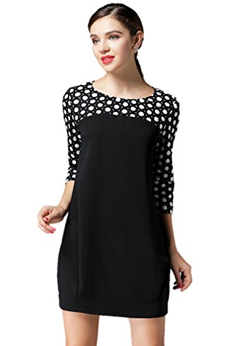 ドット柄ステッチワンピース 水玉柄スリーブ 7分袖  Ａライン ミニ丈 ラウンドネック  エレガント 春夏 サイズ豊富 クマのぬいぐるみ付き K-2267