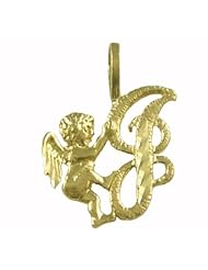 14K Solid Yellow Gold Initial J with Angel Charm Pendant