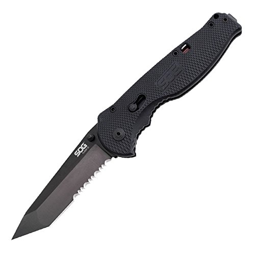 SOG Flash II Assisted Folding Knife TFSAT98-CP - Black TiNi 3.5" Tanto Partially Serrated Blade, GRN Handle