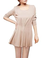 A-line Round Neck Elasticized   Waistline Chiffon Stretchy Belted Long Sleeves  Dress