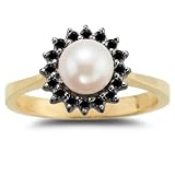 0.21 Cts Black Diamond & 6mm Pearl Cluster Ring in 14K Two Tone Gold