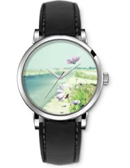 SPRAWL Aanalog Fashion Series Silver Ladies Watches of Genuine Black Leather Strap,Unique Wrist Watch for Women Girls Designed with Flowers on the riverbank