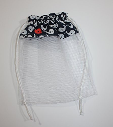 Seashell Bag, Red and White Whales on Navy Fabric & Mesh Drawstring Beach Bag Handmade by FrogBlossoms
