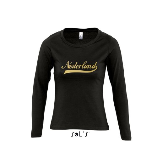 Nederland Oldschool Holland Oranje LÄNDERSHIRT EM / WM FAN Trikot – Damen Langarm Longsleeve T-Shirt S-XL , Deep black – gold , L