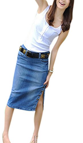 Babyhclub Women's Midi Length Denim Skirt Slim Side Slit Pencial Skirts