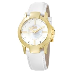 D&G Ladies Texas Quartz Watch DW0542 with Mop Dial, Gold Colour Ip Case and White Leather Strap