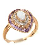 Luxury 9K Rose Gold Womens Opal Diamond & Amethyst Cluster Ring
