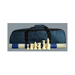 Standard Tournament Chess Set, 34 Chess Pieces (2 Extra Queens), Blue Board and Blue Canvas Tote Bag