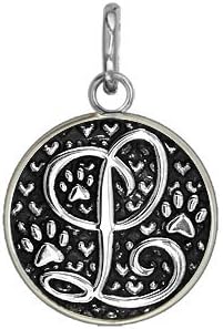 L - Small Solid 925 Sterling Silver with Black Finish Szira Collection Paw and Hearts Monogram Initial L Charm, Pendant, Key Ring, for Dog, Cat or Person