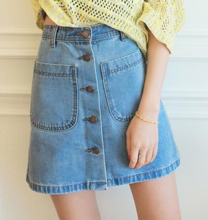 (ALLURE) デニム 台形 スカート フロントボタン Aライン フレア ミニ ブルー ライトブルー AF0510