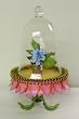 Sculpted Glass Bell Jar Cloche Terrarium with Handcrafted Metal Daisy Base with Leaf Feet