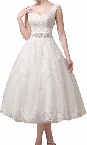 KHCF Women's 50s Inspried Tea Length Straps Laced Wedding Dress White