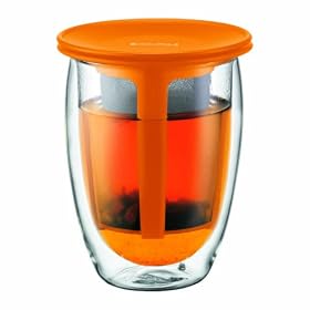 BODUM Tea For One 0.35 Litre/ 12 oz Double Walled Tea Glass and Tea Strainer, Orange