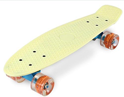 PST@ 22 Inches Skate Board Banana Style Mini Cruiser Long Board Pastel Color Adult Child Fish Skateboard with LED Flashing Wheels , Yellow