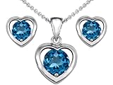 2.50 cttw 14k White Gold Plated Silver Genuine Blue Topaz Heart Pendant with Free Box Set matching earrings