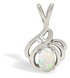 14K White Gold Genuine Oval Opal and Diamond Pendant