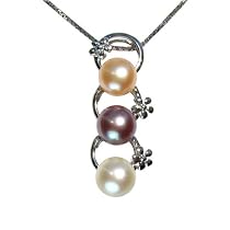 Tri-Color Pearl Floret Rings Pendant w. Silver Chain Necklace