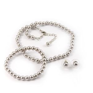 Silver 6mm Glass Pearl Necklace, Bracelet and Earring Se